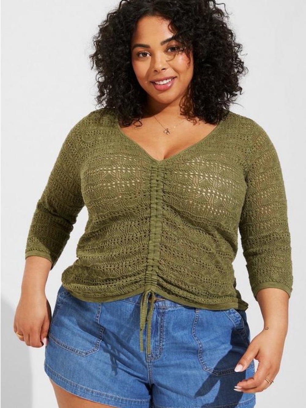 Torrid Olive Open-Knit V-Neck Cinched Front Sweater